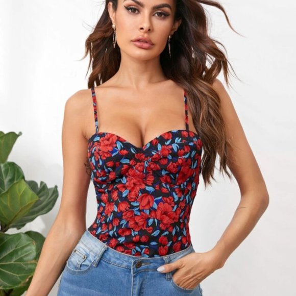 New Shein Red & Blue Floral Print Cami Top Size Small - Picture 1 of 7